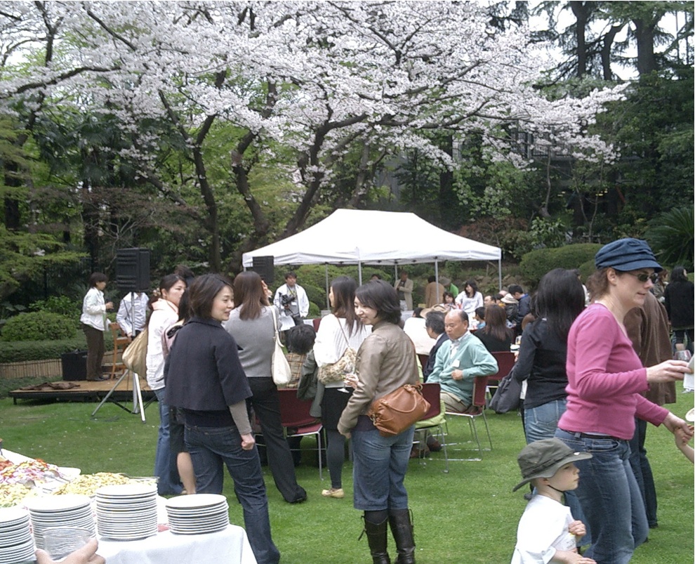 A 148@Azabujyuban garden catering event under cherry blossoms with marquees and long tables
